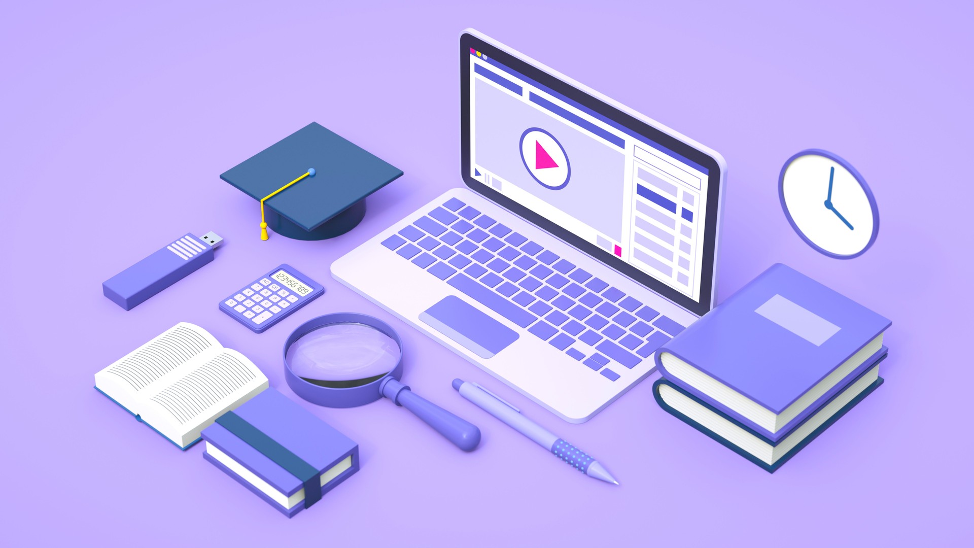 E-Learning and Online Education Concept with Laptop, Books, and Academic Tools – Virtual Learning, Digital Transformation, and Knowledge Sharing - 3D Illustration